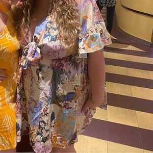 Bird & Floral Print Flounce Sleeve Knot Front Dress